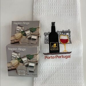 Eight Silverplate Napkin Rings Set with bar towel